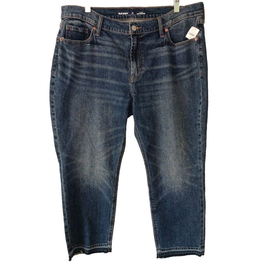 OLD NAVY NWT 14P Dark Wash Mid Rise Cropped Boyfriend Jeans Raw Hem 22" inseam